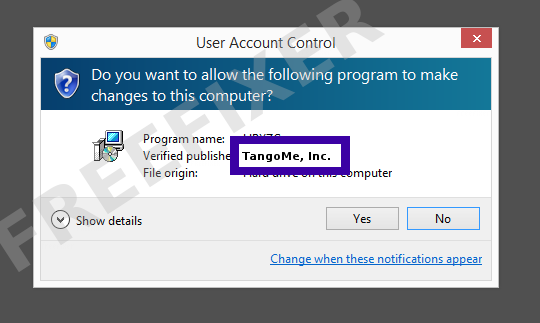 Screenshot where TangoMe, Inc. appears as the verified publisher in the UAC dialog